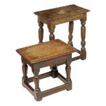 Two 17th century joined oak stools, each with turned legs joined by peripheral stretchers, 50.7cm