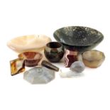 A collection of hardstone objects, including agate, bloodstone and chalcedony of bowls, a model
