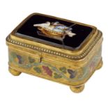 A late 19th century gilt metal trinket box, the hinged lid inset with a micromosaic panel