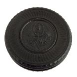 A Victorian commemorative turned ebony snuff box, the lid with a circular panel with a portrait