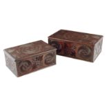 Two 18th century chip carved boxes, decorated with stylised flower designs, the interior of one with