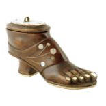 Treen. A Victorian treen and bone mounted snuff shoe, with a lift-off lid, inlaid with brass and