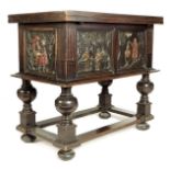 A late 19th century Flemish oak draw-leaf centre table, the rectangular top with a pair of pull-