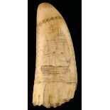 A sailor's scrimshaw whale's tooth, each side decorated with sailing ships, 16.3cm long.