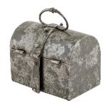A late 16th century French iron coffret, the domed lid with a swing handle, revealing a vacant