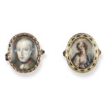 An 18th century portrait miniature mounted gold ring, depicting a gentleman wearing a green