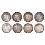 Victoria, Silver Crowns (8), 1889 (5), 1890, 1891, 1894 (LVIII) (S 3921, 3937). All about fine.