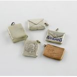 A small collection of five silver and gold stamp cases, comprising: four of rectangular envelope