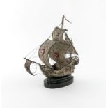 A modern Portuguese silver model of a man-of-war galleon, Oporto, post 1938 mark, in full sale, with