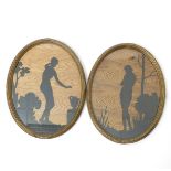 A pair of Rowley Gallery marquetry pictures, oval, each decorated with a silhouette of a maiden