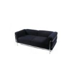 A modern Cassina LC2 chrome metal two seat sofa originally designed by Le Courbusier, with dark