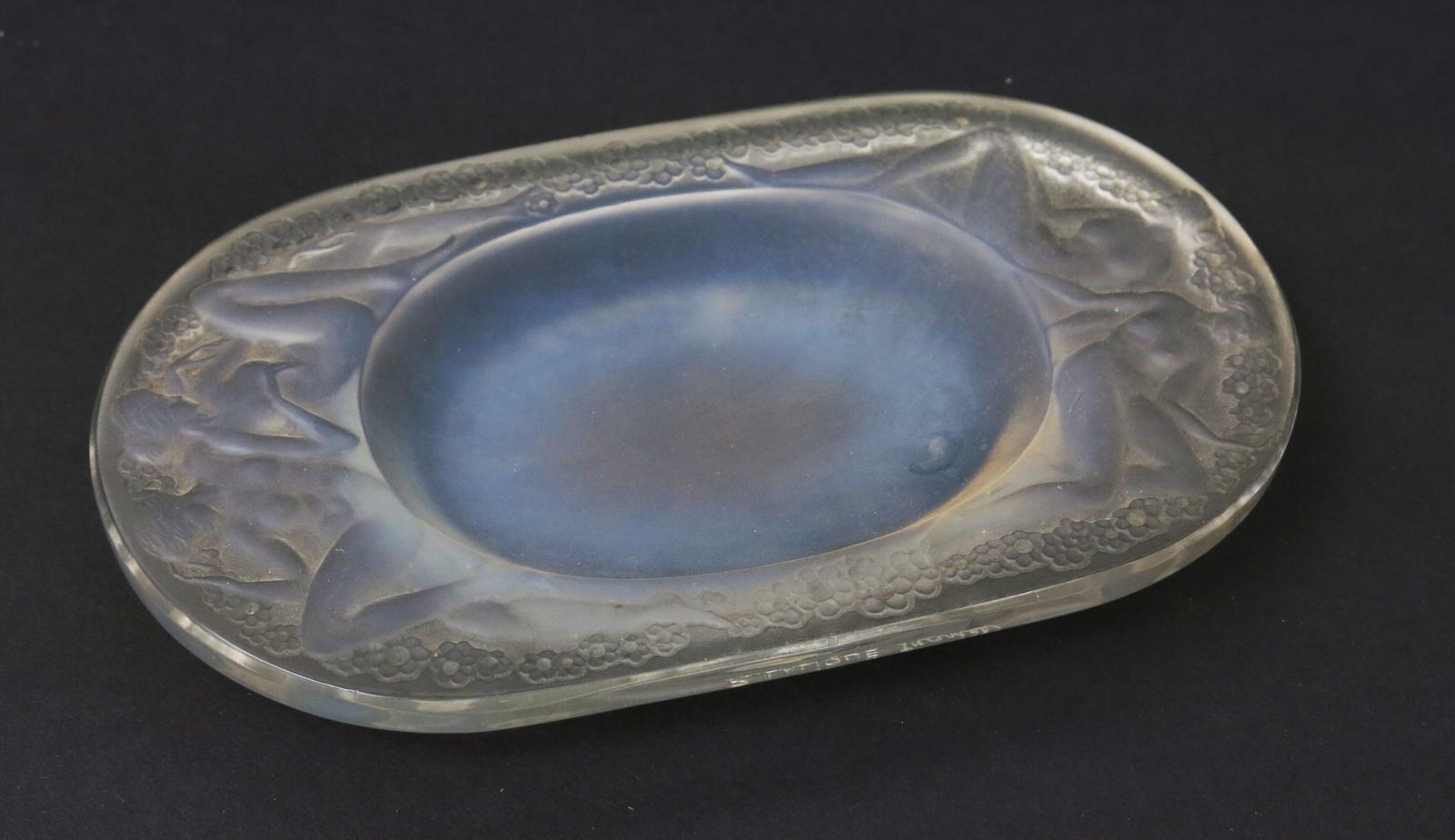 'Medicis' no.280, a Lalique opalescent glass dish designed by Rene Lalique, with remains of blue