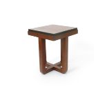 A small Art Deco mahogany table, square top with ebonised edge, on four square section legs joining