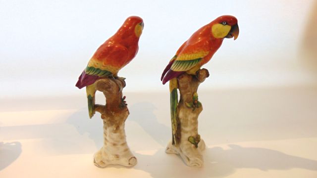 A pair of Samson type models of parrots with red, yellow and green plumage, both perched on branches - Image 2 of 4