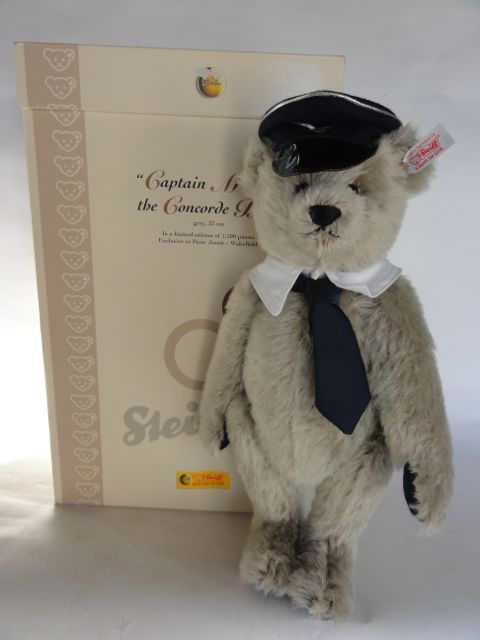 A boxed Steiff Captain Mach, the Concorde Bear, grey, 33 cm tall approx in a limited edition of 1500