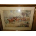 A watercolour by Frank Algernon Stewart showing a team of four farm horses pulling a heavily laden