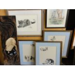 A collection of illustrations relating to cats including a set of three ink and gouache studies of