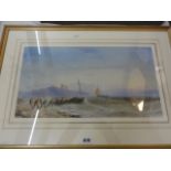 An early 19th century watercolour of a stormy coastal scene with a team of fishermen hauling a