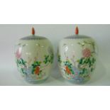 A pair of 19th century oriental vases and covers of ovoid form with painted Famille Rose