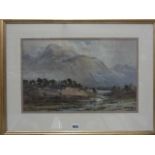 An early 20th century watercolour of a mountainous landscape with sheep grazing to the foreground,