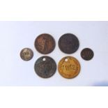 A B & B Co copper one penny token 1811, Canadian bank token 1 penny, a 1662 Bristol farthing,