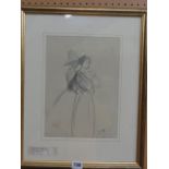 A pencil study by Dame Laura Knight showing two women, one wearing a hat, signed in pencil with