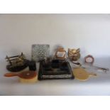 A miscellaneous collection to include a black lacquer desk standish with painted foliate detail, a