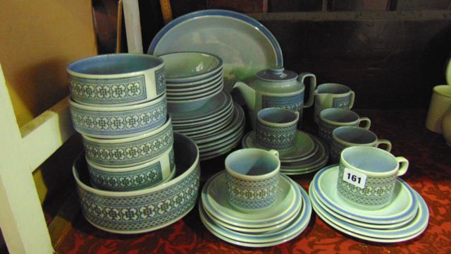 A quantity of Hornsea Tapestry pattern dinner and coffee wares in a pale blue colourway including an