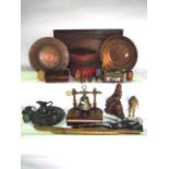 A miscellaneous collection to include an antique pewter plate, miniature tankard, brass witch