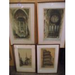 A collection of six coloured etchings by E Sharland showing architectural subjects including