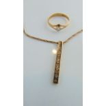 A 9ct gold bar pendant, highlighted with five single-cut diamonds, on a 9ct gold rope-twist