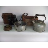 A boxed vintage Sirram aluminium kettle set together with a stitched leather cased pair of