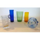 A selection of 20th century coloured Studio Glass to include a pale blue bowl of bulbous form with