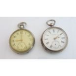 A silver open-faced pocket watch, the white enamelled dial with black Roman numerals, subsidiary