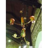 A three branch ceiling light, principally in copper in the Art Deco style, together with a similar