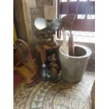 A vintage galvanised dolly tub of cylindrical form with non splash rim together with a dolly with