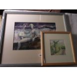 Two gouache paintings by Belinda Downes showing garden scenes with statuary, both signed bottom