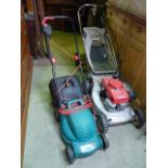 A Honda HR194 rotary petrol driven lawn mower together with a Bosch Rotak 320 electric lawn mower