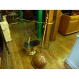 A Victorian wirework nursery fender with brass rail top, a brass coal helmet and a copper warming