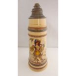 A large 19th century cream ground stein with printed and infilled decoration of a medieval style