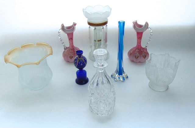 A collection of glassware to include a single Victorian opaque table lustre with hanging clear cut