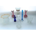 A collection of glassware to include a single Victorian opaque table lustre with hanging clear cut