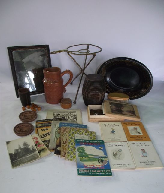 A miscellaneous collection to include an antique glazed stoneware jug with scrolling handle and