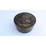 A mid 19th century continental painted lacquered box and cover showing rural romantic scenes,