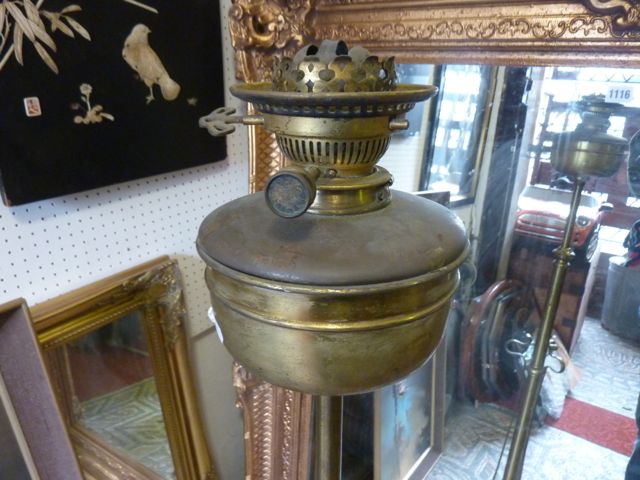 A Victorian brass telescopic oil lamp standard with Hinks no 2 lever burner, raised on a simple - Image 2 of 2