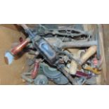 A box containing a quantity of good quality vintage hand tools to include hand operated drills, a