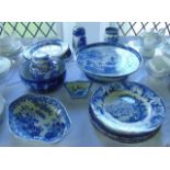 A collection of 19th century and other blue and white printed wares including an early 19th