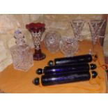 A trio of antique cobalt blue glass rolling pins, one bearing label for Bristol Blue Glass, together