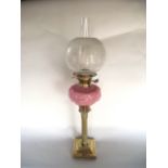 A good quality Victorian oil burning lamp, the fluted copper column raised on a squared stepped base