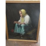 A mid-20th century oil painting on canvas, study of a pensive seated woman in European style